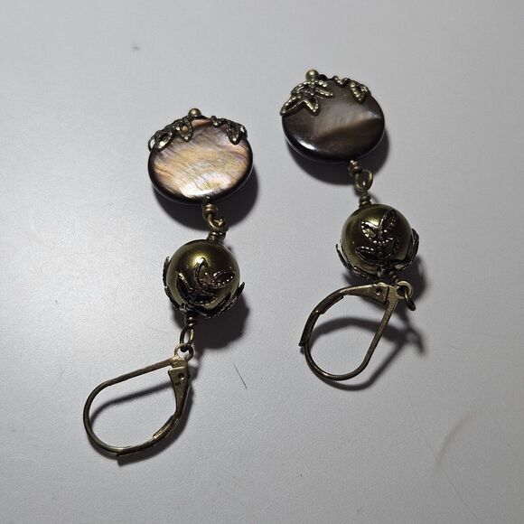 Gold Tone Dangling Green And Brown Beaded Earrings - Picture 6 of 8